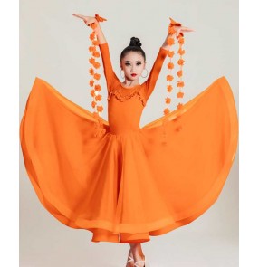 Girls kids orange fuchsia brown flowers ballroom dance dresses long sleeves lace waltz tango stage performance long skirt for Children